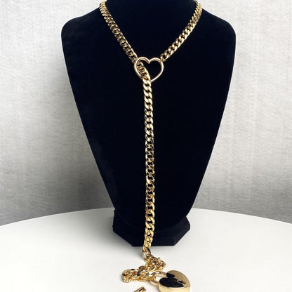 Fashion Jewelry 2025 New Slip Chain Necklace Heart O-Ring Rock Cuban Long Necklace Adjustable Heart Shaped Lock Core With Key
